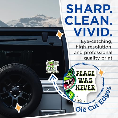 (2 Pack) Funny Frog Stickers - Peace was Never an Option - Cute and Quirky for Laptops - Water Bottle Decoration - 5" On Longest Side - Sticks to Smooth Flat Surfaces - Made in USA - BMCS7606