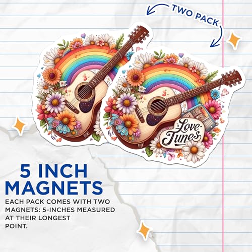 (2 Pack) Love Tunes Magnets Magnets - Retro Guitar - Rainbow Floral Art Decor - 5" On Longest Side - Made in USA - Sticks to Refrigerators & Metal Surfaces - MAG8841
