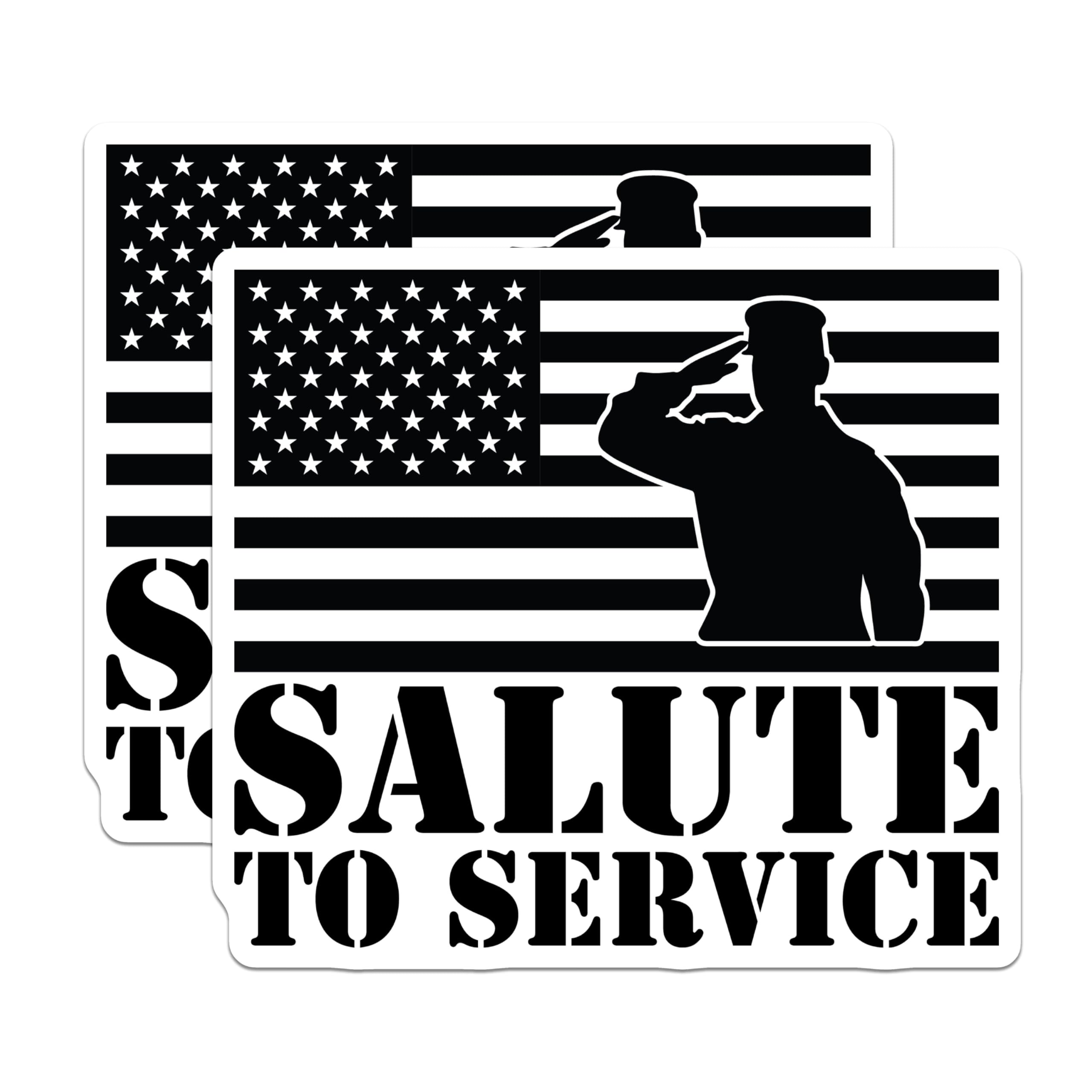 (2 Pack) Salute to Service Stickers - Military Tribute Decal - American Flag Soldier Sticker - 5" On Longest Side - Sticks to Smooth Flat Surfaces - Made in USA - BMCS5292