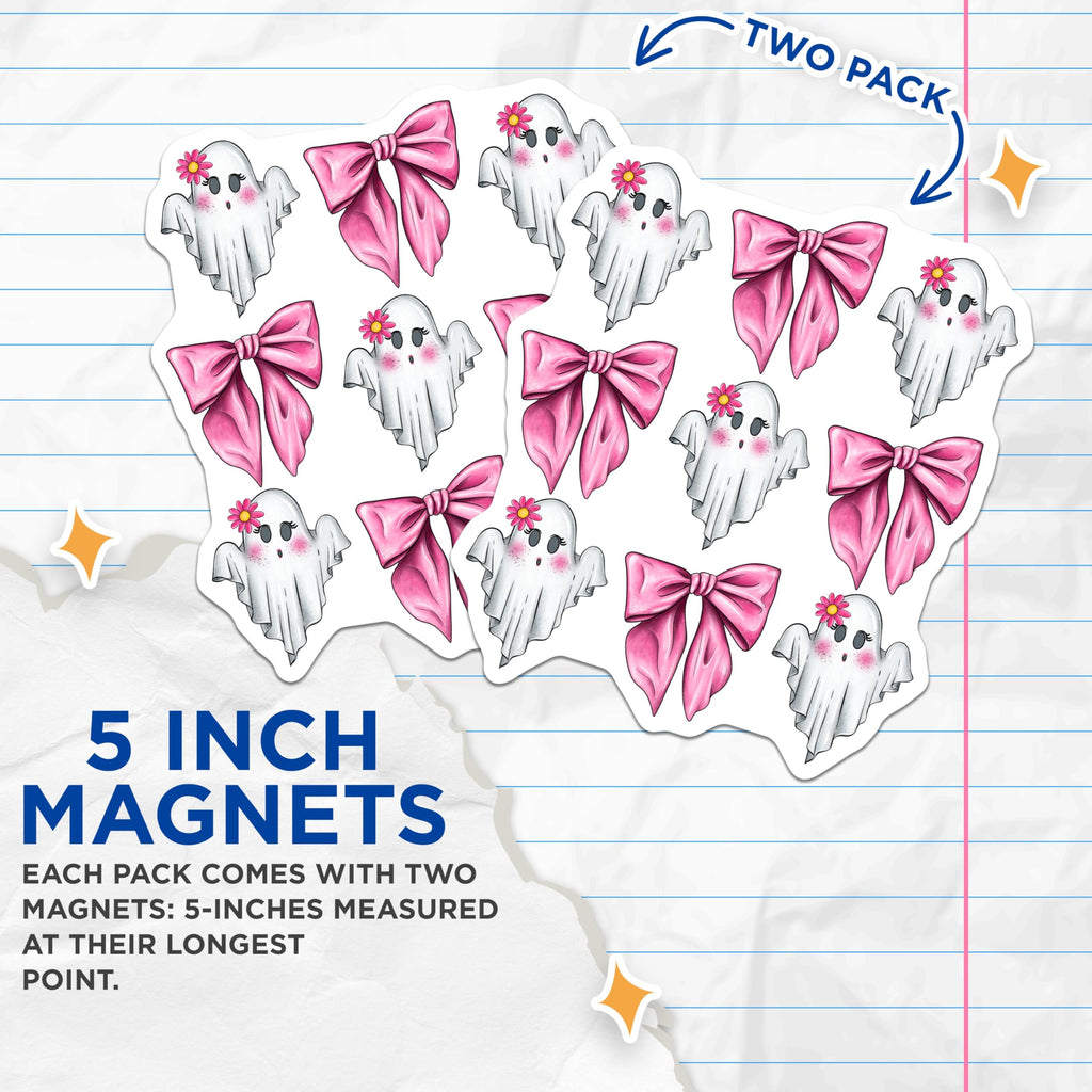 (2 Pack) Kawaii Ghost Magnets - Cute Pink Bow Decor - Pastel Halloween Refrigerator Magnets - 5 Inches On Longest Side - Thick Durable Magnet - Made in USA - MAG27880