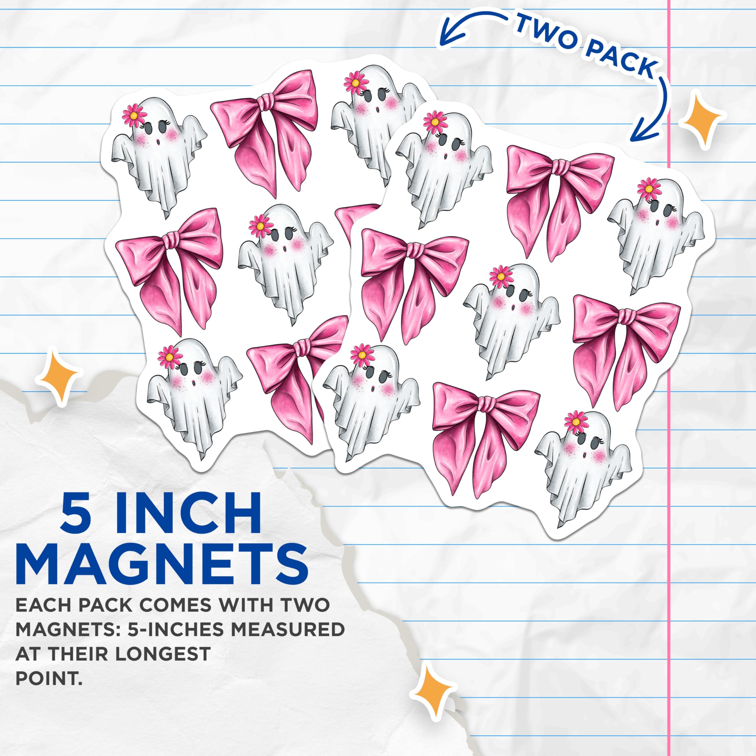 (2 Pack) Kawaii Ghost Magnets - Cute Pink Bow Decor - Pastel Halloween Refrigerator Magnets - 5 Inches On Longest Side - Thick Durable Magnet - Made in USA - MAG27880