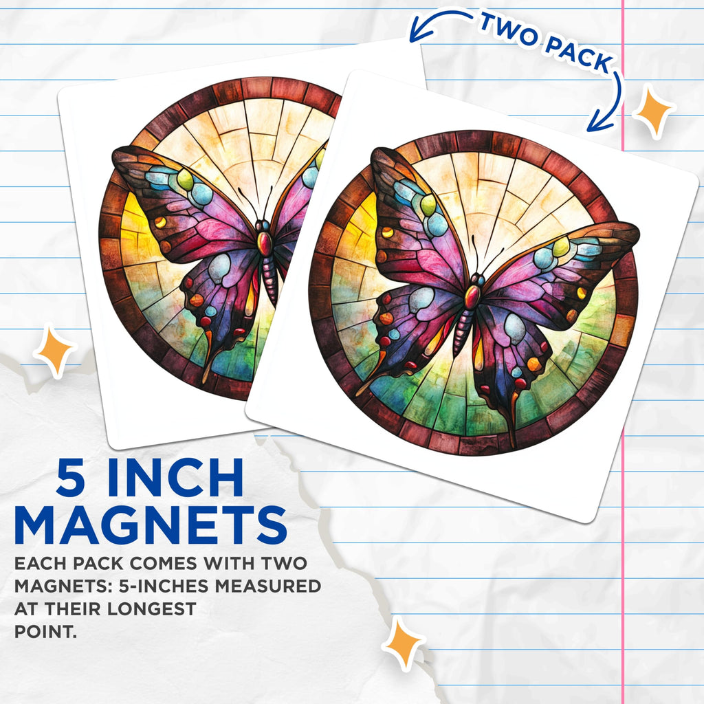 (2 Pack) Stained Glass Butterfly Magnets - Vibrant Nature Art - Refrigerator Decor Accent - 5 Inches On Longest Side - Thick Durable Magnet - Made in USA - MAG28890