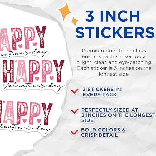 (3 Pack) Happy Valentines Day Decals - Valentines Gift - Love Decals - 3 Inches On Longest Side - Easy Peel & Apply - Made in USA - 3MCS1853