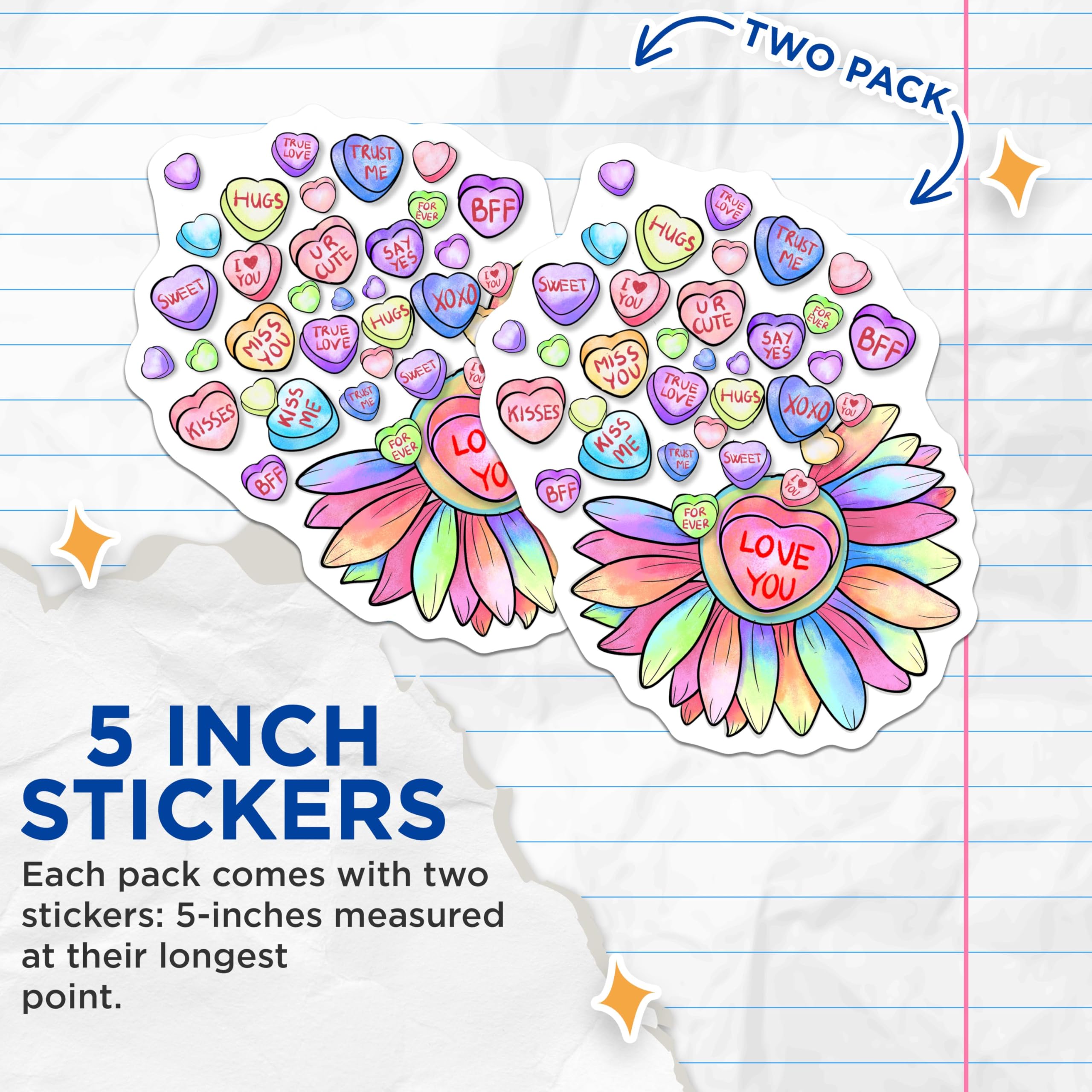 (2 Pack) Love You Stickers - Heart Shape - Cute Messages - 5" On Longest Side - Sticks to Smooth Flat Surfaces - Made in USA - BMCS6205