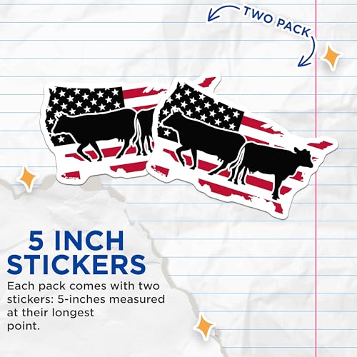 (2 Pack) American Flag Cow Stickers - Patriotic Animal Decal - USA Farm Animals Stickers - 5" On Longest Side - Sticks to Smooth Flat Surfaces - Made in USA - BMCS5827