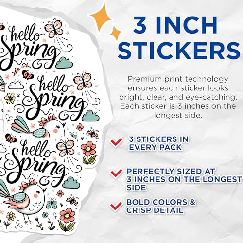 (3 Pack) Hello Spring Decals - Floral Stickers - Bird Laptop Decals - 3 Inches On Longest Side - Easy Peel & Apply - Made in USA - 3MCS6769