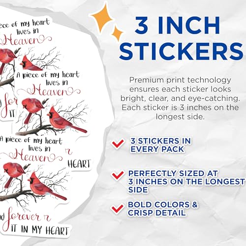 (3 Pack) Cardinal Birds Decals - Memorial Decals - Loss of Loved One - 3 Inches On Longest Side - Easy Peel & Apply - Made in USA - 3MCS6055