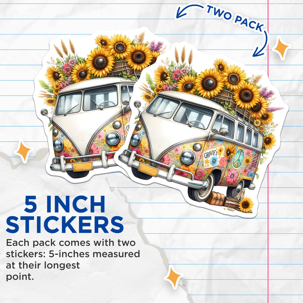 (2 Pack) Vintage Volkswagen Van Stickers - Floral Hippie Van - Sunflower Groovy Peace Decals for Car Laptop Water Bottle - 5" On Longest Side - Sticks to Smooth Flat Surfaces - Made in USA - BMCS8858