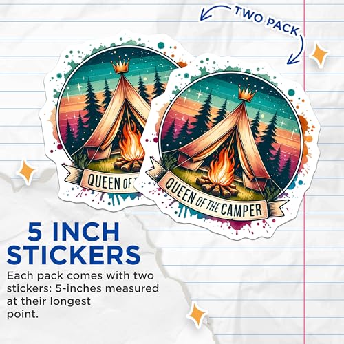 (2 Pack) Queen of The Camper Stickers - Camping Fun - Outdoor Adventure - 5" On Longest Side - Sticks to Smooth Flat Surfaces - Made in USA - BMCS6778