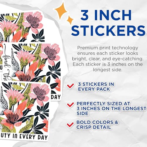 (3 Pack) Floral Laptop Decals - Motivational Quote - Find The Beauty - Everyday Stickers - 3 Inches On Longest Side - Easy Peel & Apply - Made in USA - 3MCS2642