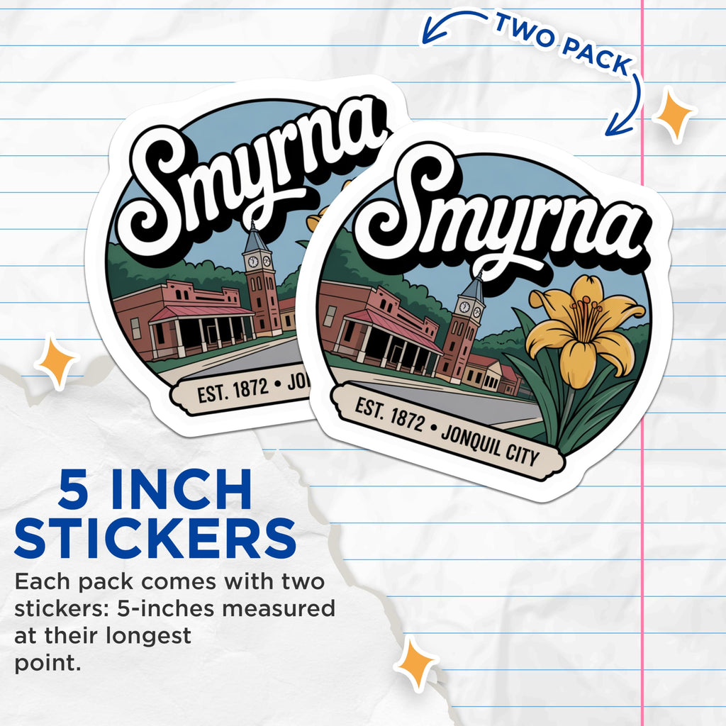 (2 Pack) Smyrna Georgia Stickers - Jonquil City Souvenir - Travel Stickers - 5" On Longest Side - Sticks to Smooth Flat Surfaces - Made in USA - BMCS17459
