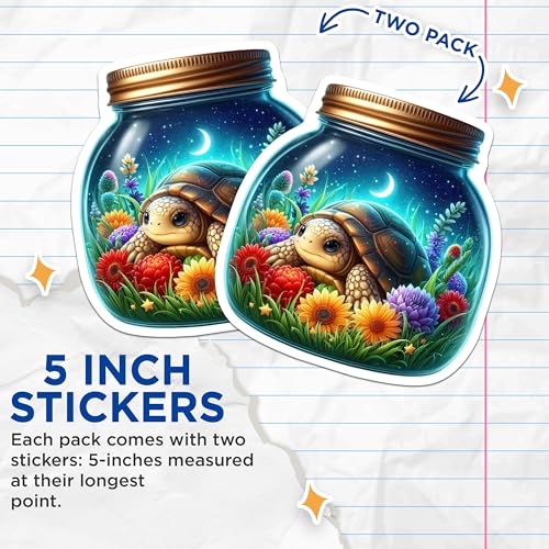 (2 Pack) Turtle Garden Jar Stickers - Cute Animal Decals - Nature Inspired - 5" On Longest Side - Sticks to Smooth Flat Surfaces - Made in USA - BMCS9376