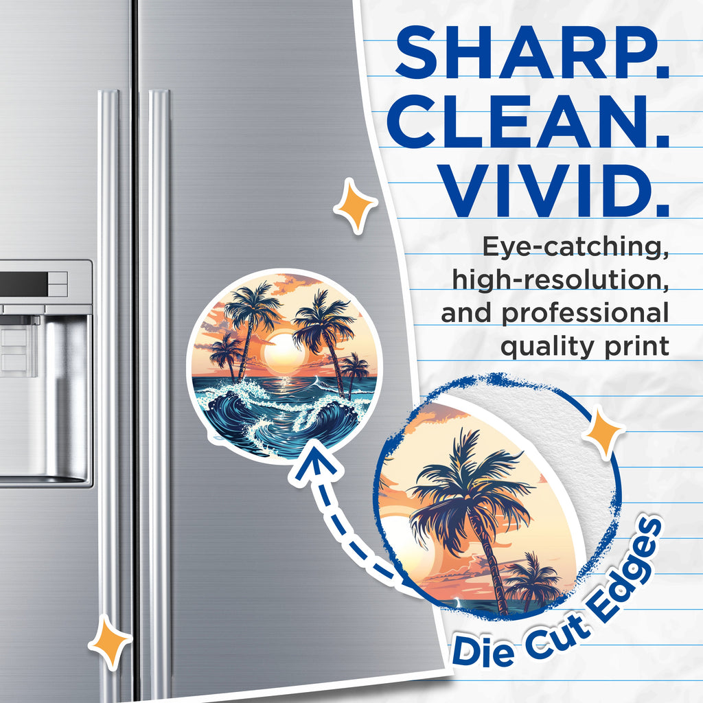 (2 Pack) Tropical Beach Magnets - Sunset Ocean Waves - Retro Palm Tree Art Fridge - 5 Inches On Longest Side - Thick Durable Magnet - Made in USA - MAG37040