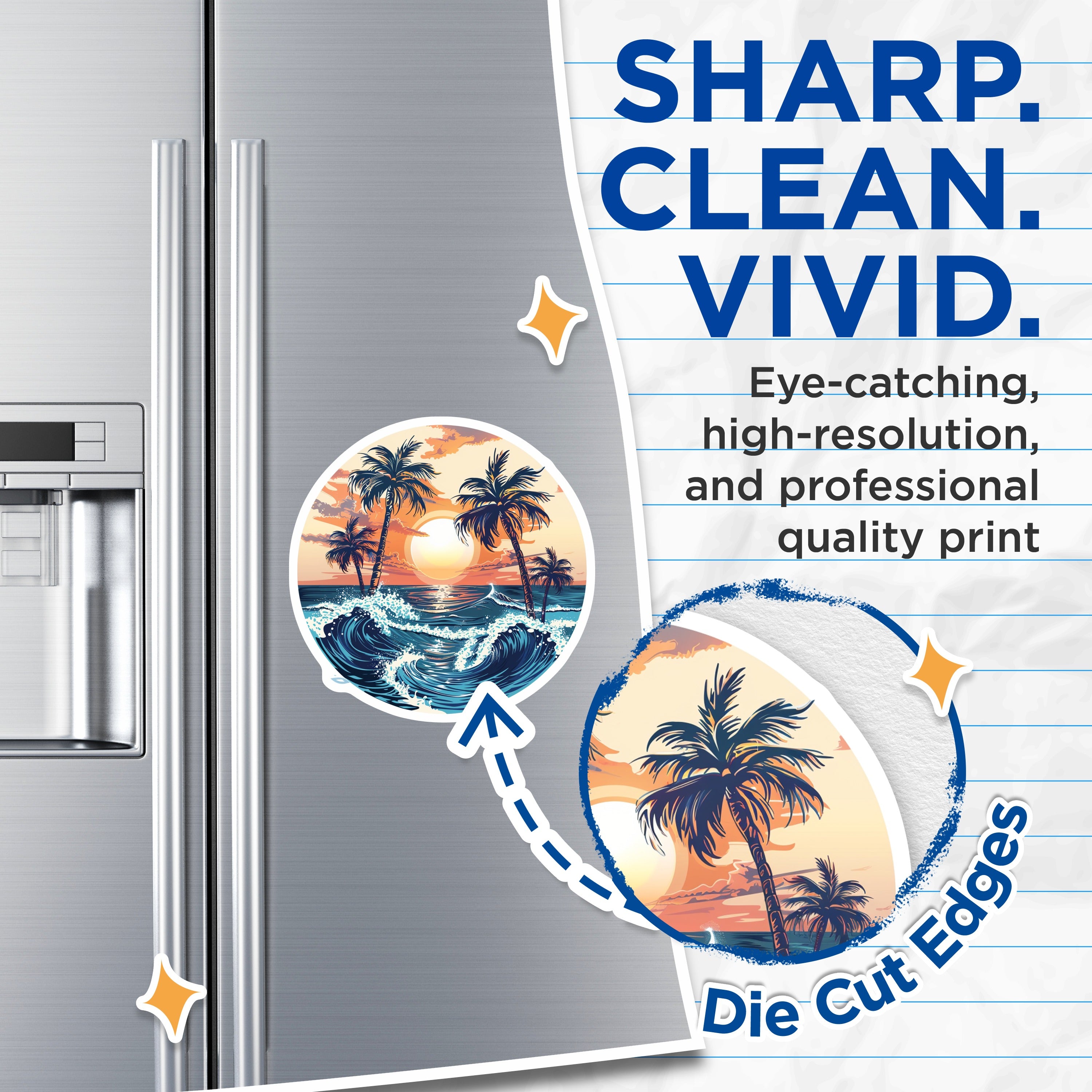 (2 Pack) Tropical Beach Magnets - Sunset Ocean Waves - Retro Palm Tree Art Fridge - 5 Inches On Longest Side - Thick Durable Magnet - Made in USA - MAG37040