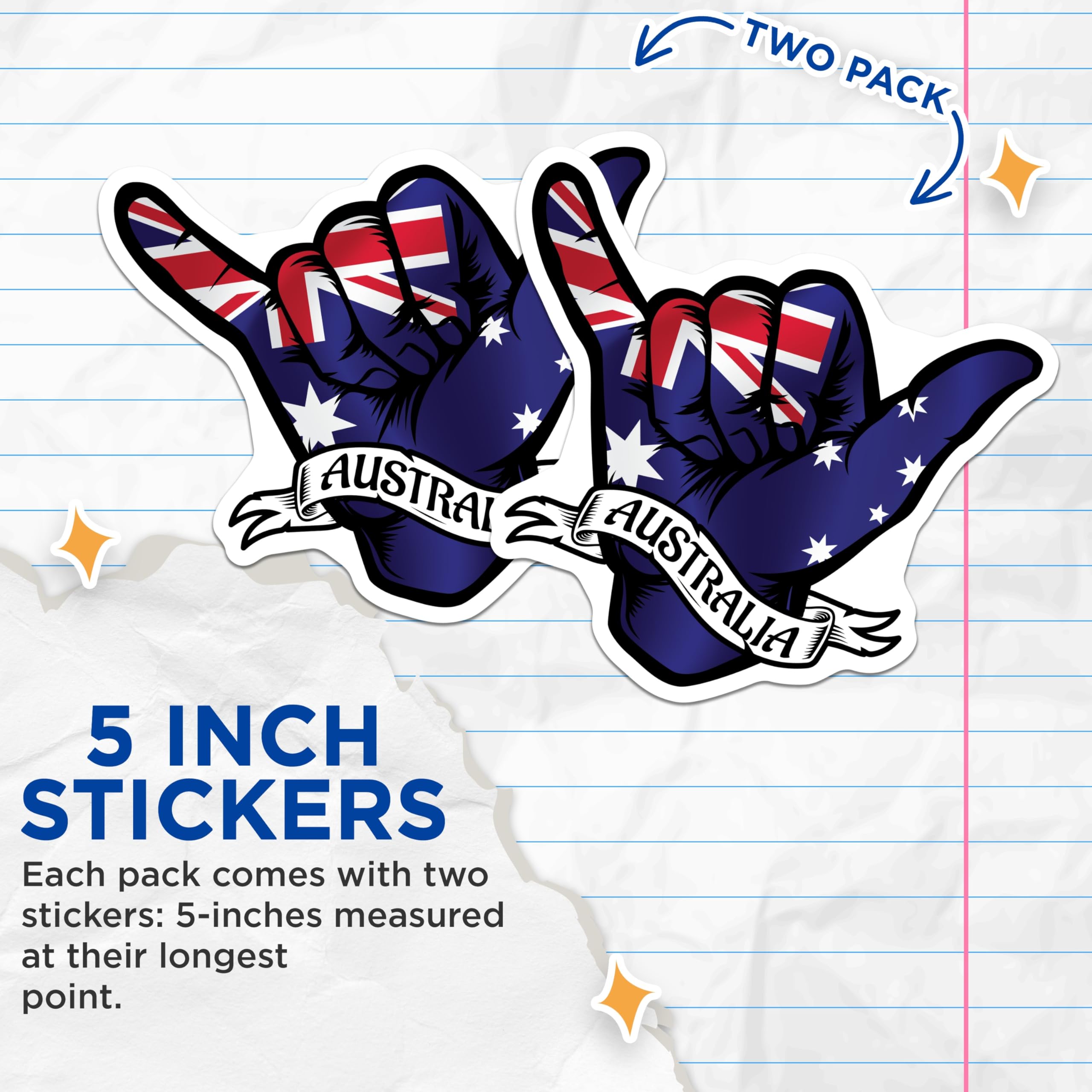 (2 Pack) Australia Shaka Stickers - Australian Flag - Hang Loose Stickers - 5" On Longest Side - Sticks to Smooth Flat Surfaces - Made in USA - BMCS18060