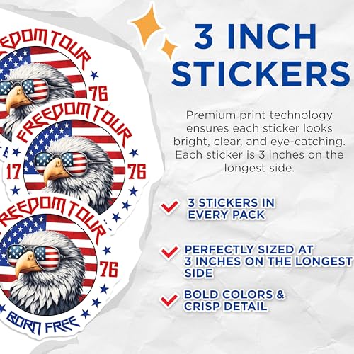 (3 Pack) Bald Eagle Decals - American Flag Sunglasses - Patriotic Laptop Decals - 3 Inches On Longest Side - Easy Peel & Apply - Made in USA - 3MCS6165