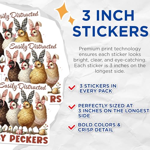 (3 Pack) Chicken Decals - Funny Easter Chickens - Easily Distracted by Peckers - Laptop Decals- 3 Inches On Longest Side - Easy Peel & Apply - Made in USA - 3MCS5863