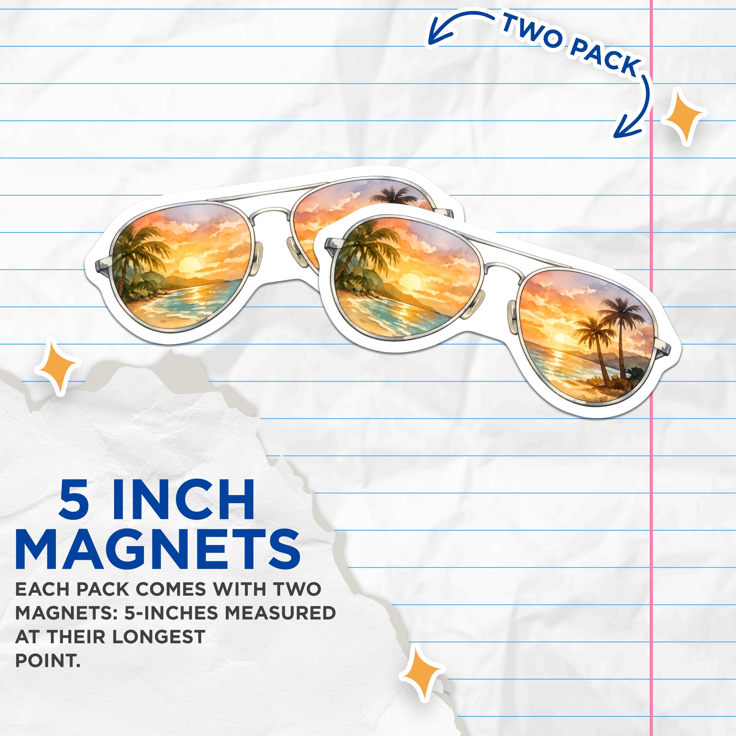 (2 Pack) Tropical Sunset Magnets - Beach Vacation Decor - Aviator Sunglasses Art - 5 Inches On Longest Side - Thick Durable Magnet - Made in USA - MAG36426