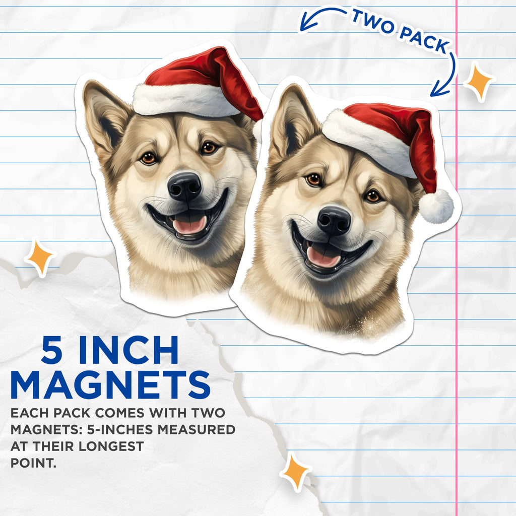 (2 Pack) Christmas Dog Magnets - Santa Hat Happy Dog Illustration - Festive Pet Lover Refrigerator Decor - 5 Inches On Longest Side - Thick Durable Magnet - Made in USA - MAG28798