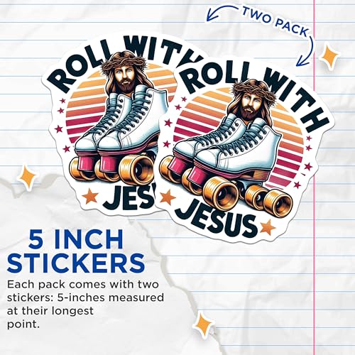 (2 Pack) Roll with Jesus Stickers - Christian Roller Skate Stickers - Inspirational Faith Stickers - 5" On Longest Side - Sticks to Smooth Flat Surfaces - Made in USA - BMCS4378