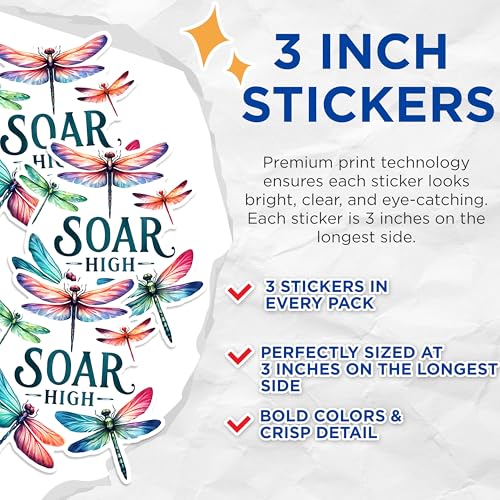 (3 Pack) Dragonfly Soar High Decals - Colorful Insect Stickers - Laptop Decal - 3 Inches On Longest Side - Easy Peel & Apply - Made in USA - 3MCS1519