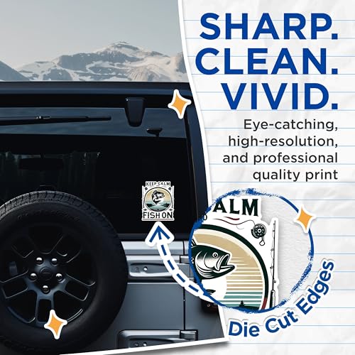 (2 Pack) Keep Calm and Fish On Stickers - Fishing Enthusiast Stickers - Outdoor Adventure Stickers - 5" On Longest Side - Sticks to Any Smooth Flat Surface - Made in USA - BMCS2634