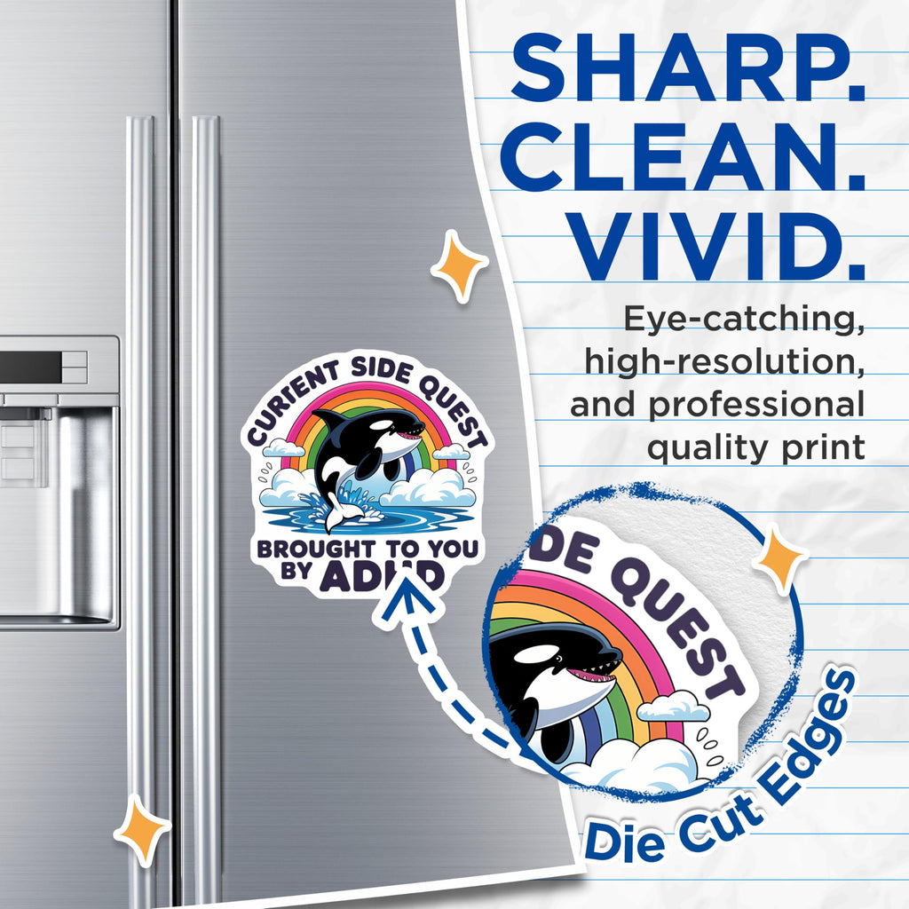 (2 Pack) Current Side Quest Magnets - Funny ADHD Orca Rainbow - Neurodivergent Executive Function Brain - 5 Inches On Longest Side - Thick Durable Magnet - Made in USA - MAG21786