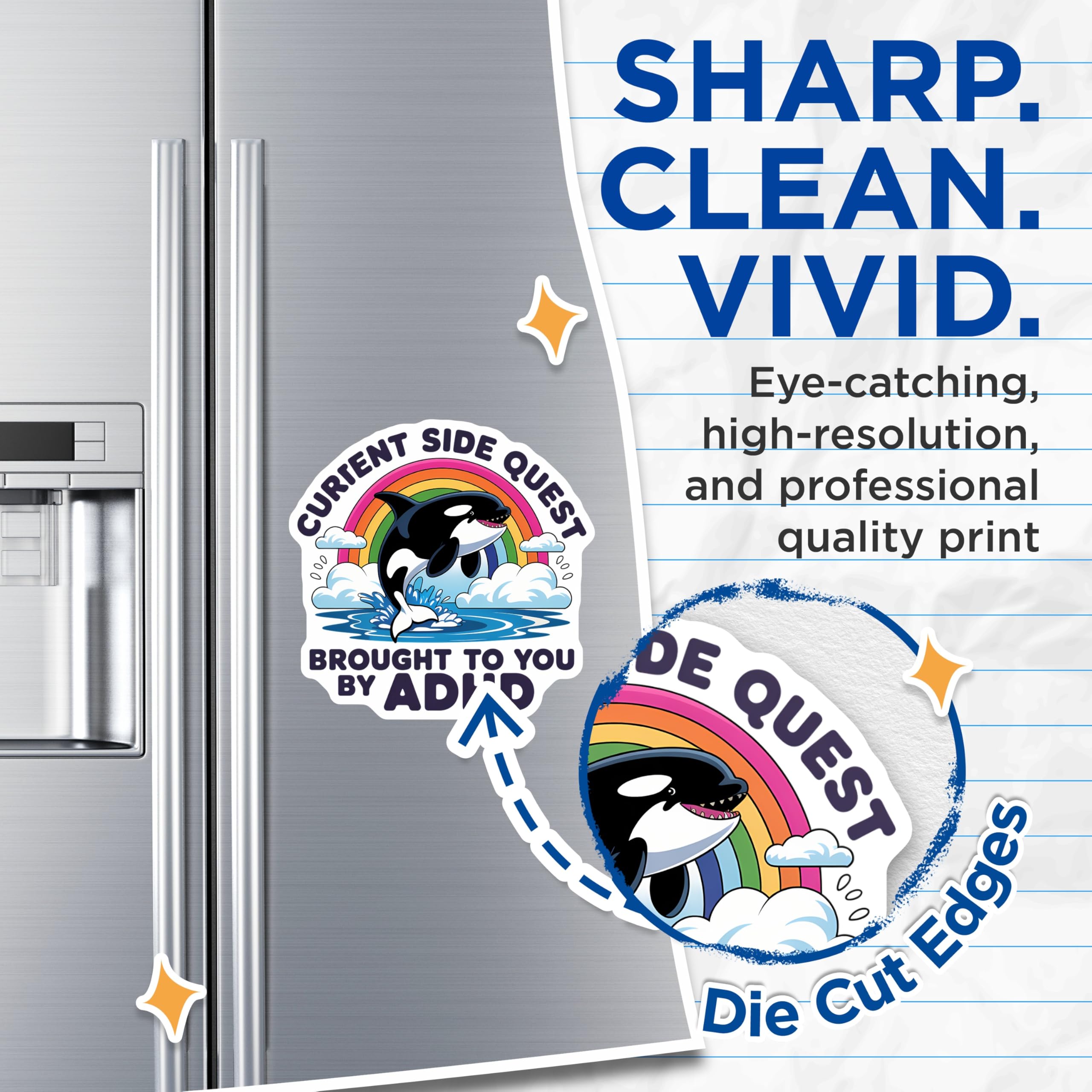 (2 Pack) Current Side Quest Magnets - Funny ADHD Orca Rainbow - Neurodivergent Executive Function Brain - 5 Inches On Longest Side - Thick Durable Magnet - Made in USA - MAG21786