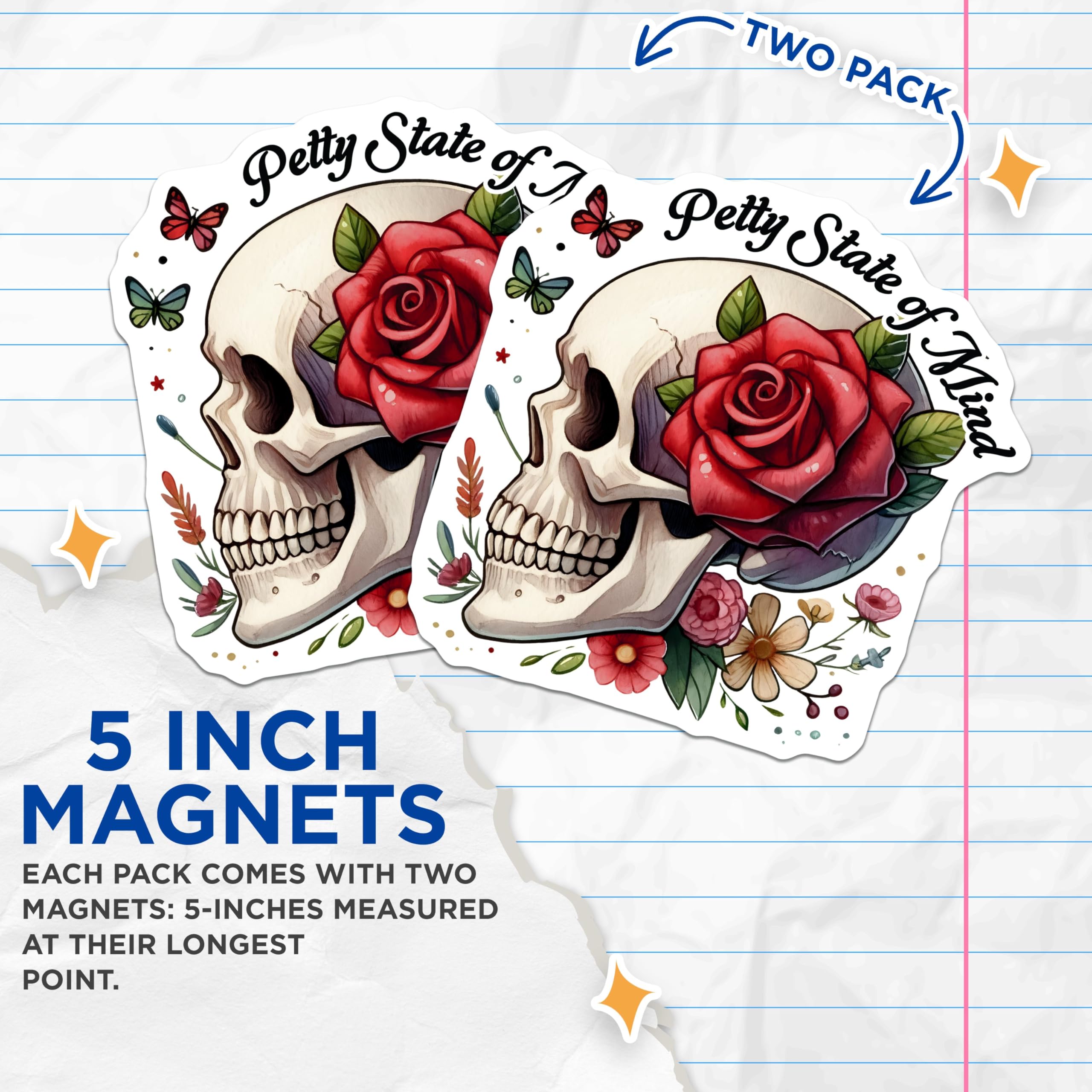(2 Pack) Skull Rose Magnets - 5" On Longest Side - for Cars, Fridges, Toolboxes - Made in USA - MAG