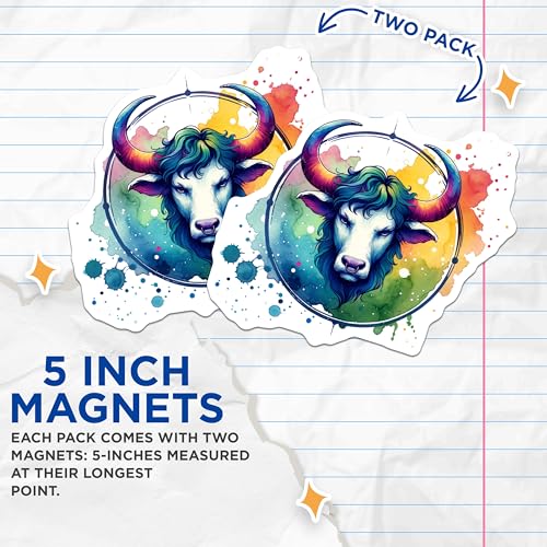 (2 Pack) Bull Art Magnets - Colorful Animal Design - Unique Watercolor - 5" On Longest Side - for Cars, Fridges, Toolboxes - Made in USA - MAG6583