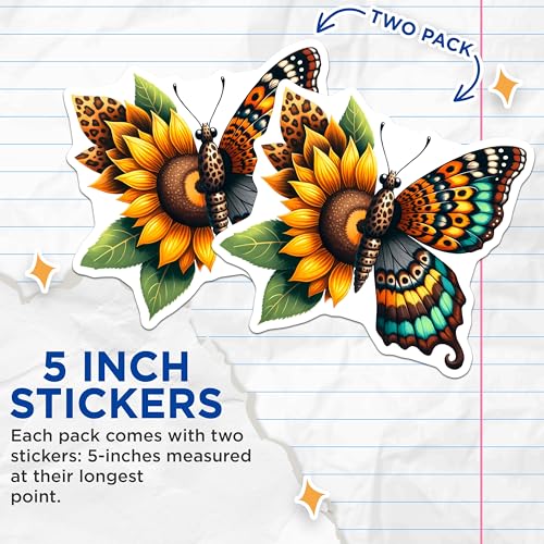 (2 Pack) Colorful Butterfly and Sunflower Stickers - Nature Inspired - Bright Floral Butterfly - 5" On Longest Side - Sticks to Smooth Flat Surfaces - Made in USA - BMCS7976