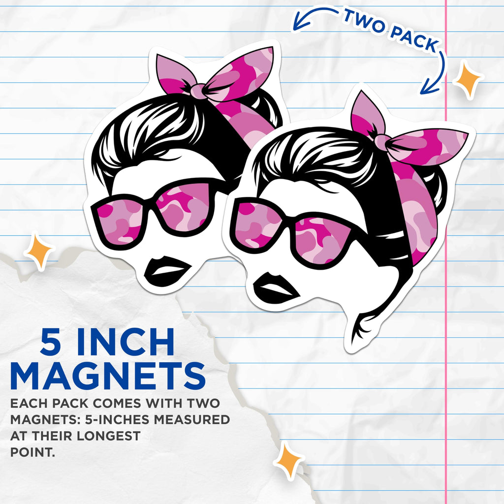(2 Pack) Pink Camo Pin Up Woman Magnets - Retro Sunglasses Headband Decor - Stylish Girl Boss Female Vibe - 5 Inches On Longest Side - Thick Durable Magnet - Made in USA - MAG19222