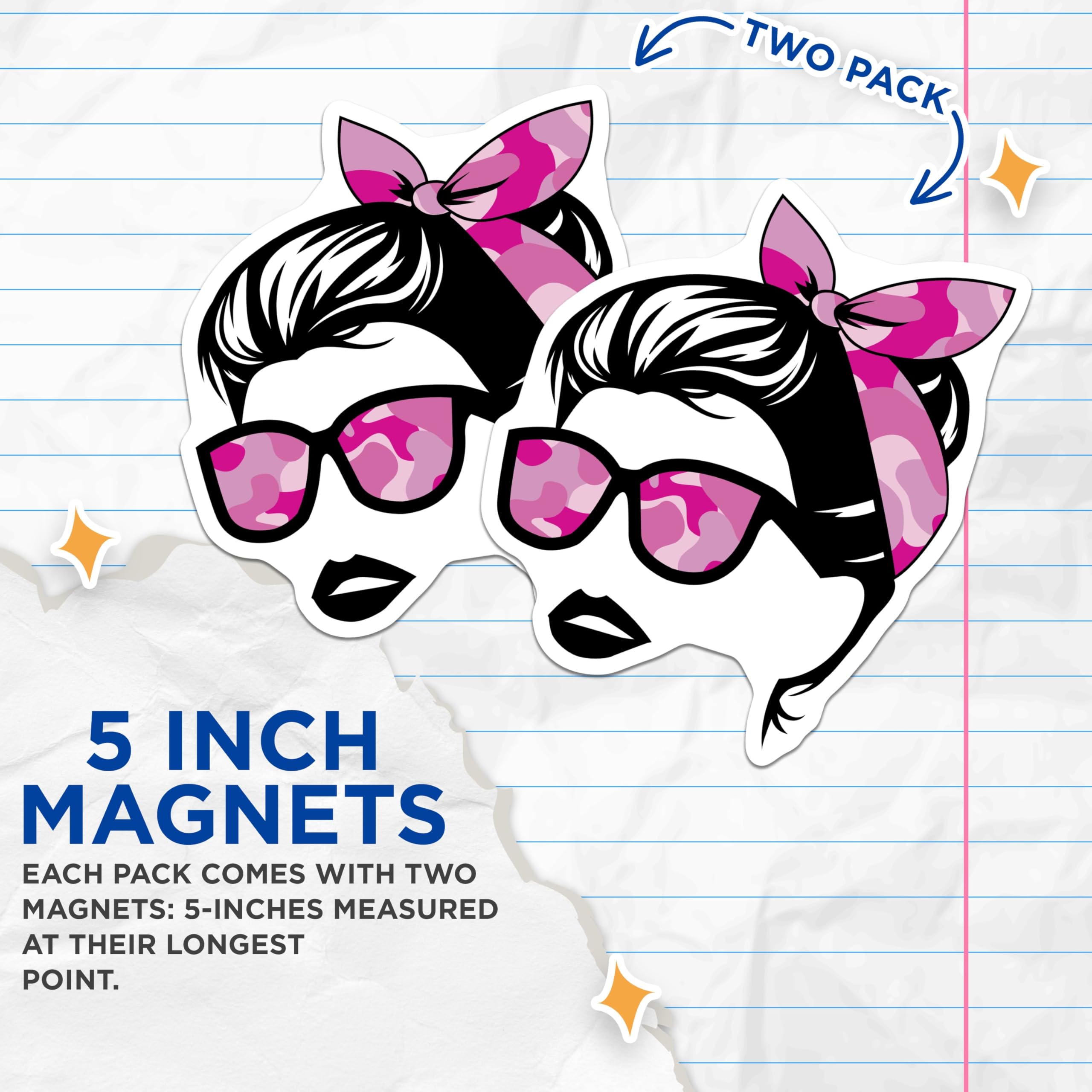 (2 Pack) Pink Camo Pin Up Woman Magnets - Retro Sunglasses Headband Decor - Stylish Girl Boss Female Vibe - 5 Inches On Longest Side - Thick Durable Magnet - Made in USA - MAG19222