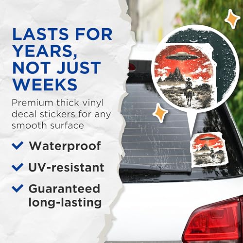 (2 Pack) UFO Cowboy Stickers - Extraterrestrial Western Art Decals - Alien Desert Scene Stickers - 5" On Longest Side - Sticks to Smooth Flat Surfaces - Made in USA - BMCS9944