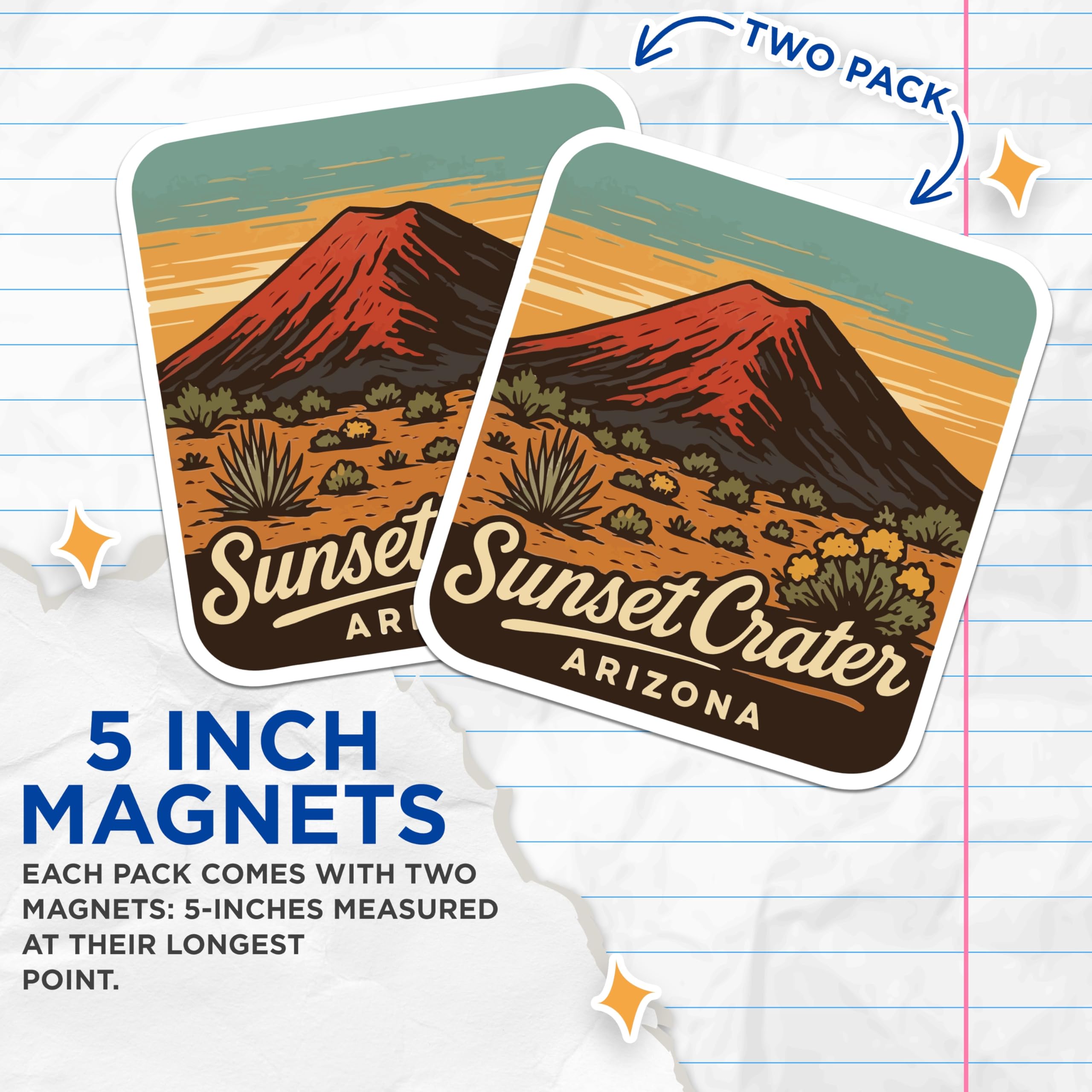 (2 Pack) Sunset Crater Volcano Magnets - Arizona National Park - Desert Landscape Art - Vintage Travel Souvenir - 5 Inches On Longest Side - Thick Durable Magnet - Made in USA - MAG19822