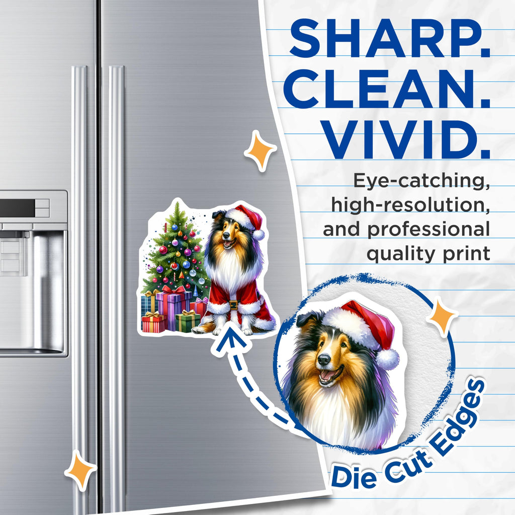 (2 Pack) Christmas Collie Magnets - Santa Dog Holiday Decor - Festive Pet Lover Refrigerator Kitchen Decoration - 5 Inches On Longest Side - Thick Durable Magnet - Made in USA - MAG26807