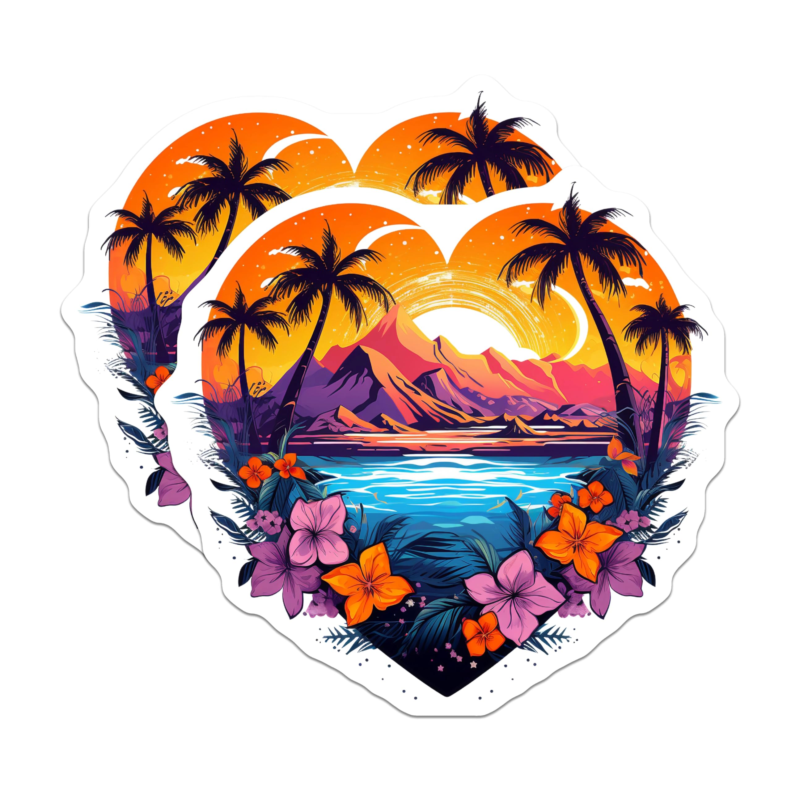(2 Pack) Tropical Heart Magnets - Sunset Beach Palm Tree Decor - Island Scenic Landscape Art - 5 Inches On Longest Side - Thick Durable Magnet - Made in USA - MAG19834