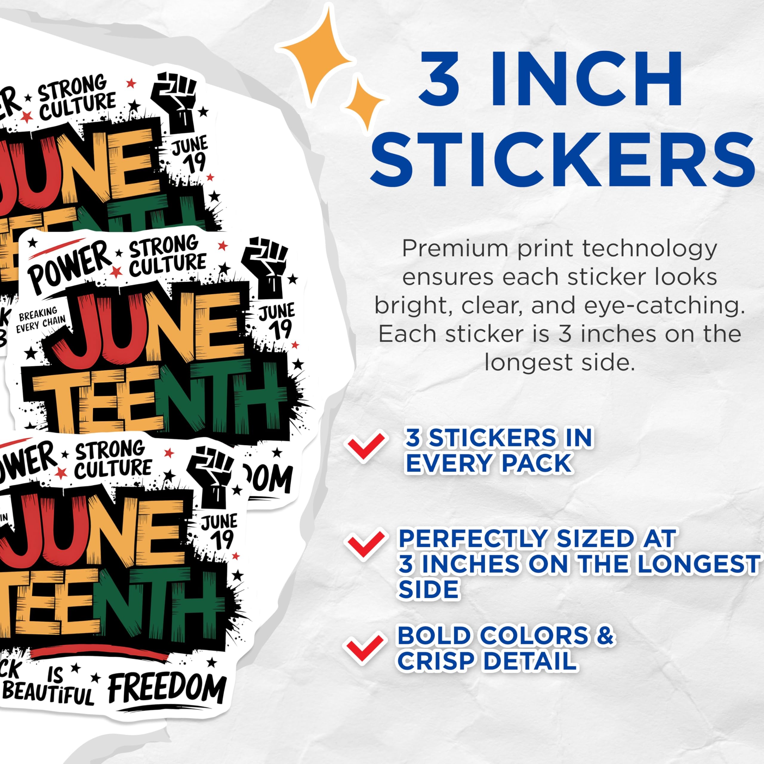 (3 Pack) Juneteenth Decals - Black Freedom Decal - June 19 Decal - 3 Inches On Longest Side - Easy Peel & Apply - Made in USA - 3MCS2891