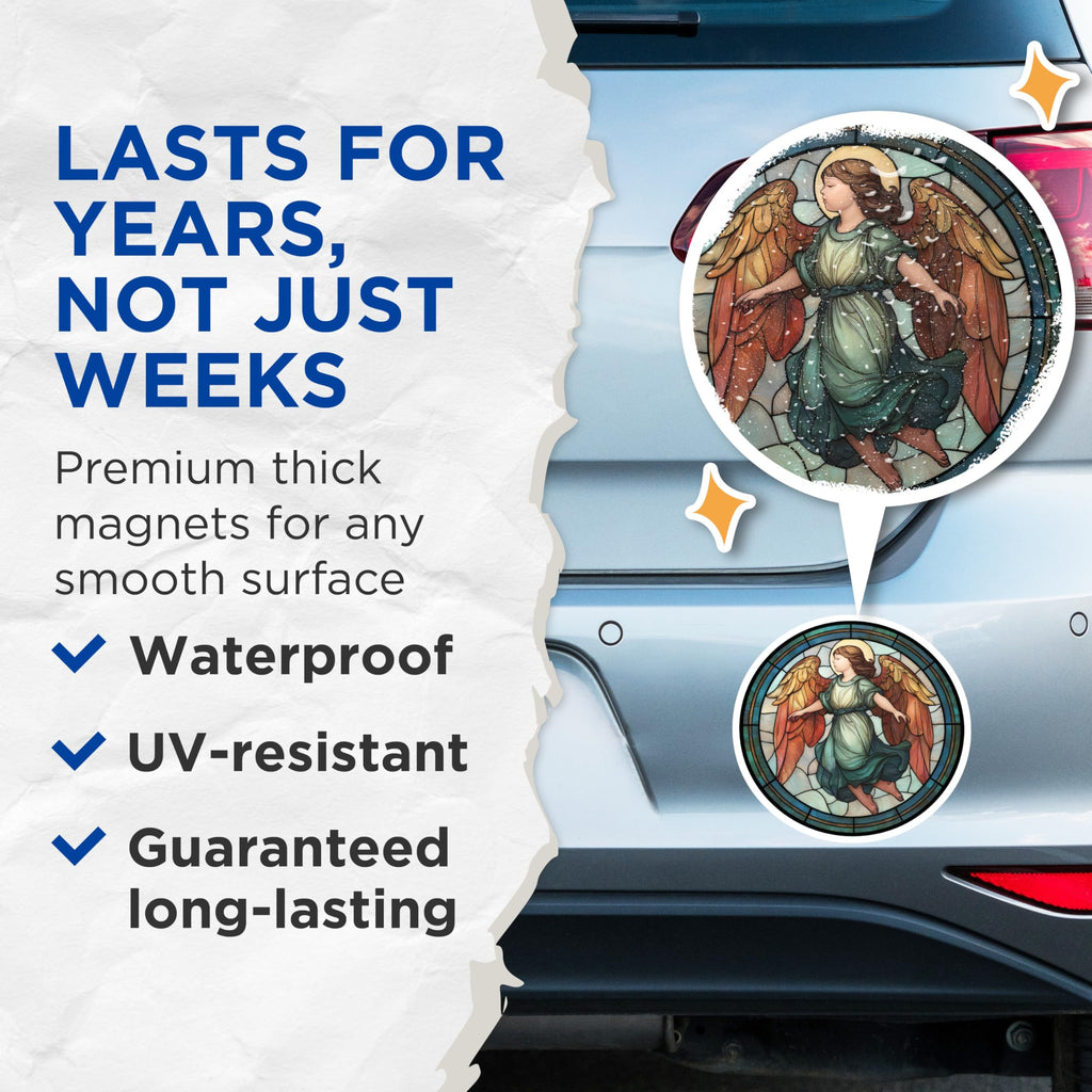 (2 Pack) Angel Art Magnets - Stained Glass Look - Guardian Angel Decor - 5" On Longest Side - Premium Magnet - for Cars, Refrigerators, Toolboxes, Lockers - Made in USA - MAG14706