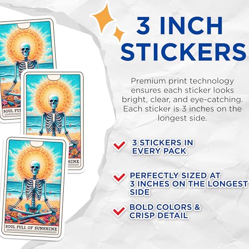 (3 Pack) Soul Full of Sunshine Decals - Meditation Skeleton - Beach Yoga Decal - 3 Inches On Longest Side - Easy Peel & Apply - Made in USA - 3MCS4084