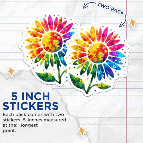 (2 Pack) Colorful Flower Puzzle Stickers - Rainbow Sunflower - Bright Floral Art - Decorative Fun - Unique Puzzle Design - 5" On Longest Side - Sticks to Smooth Flat Surfaces - Made in USA - BMCS7893