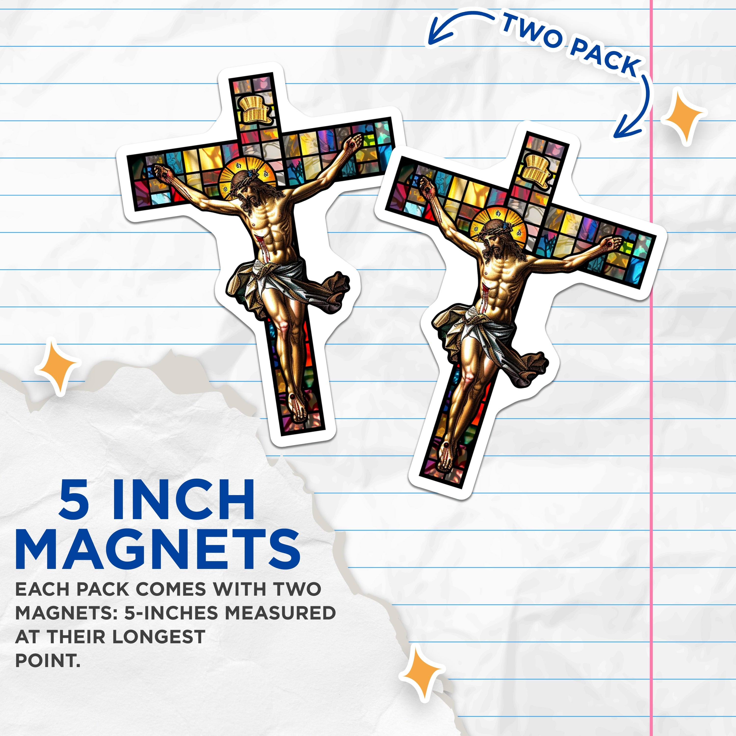 (2 Pack) Jesus Stained Glass Cross Magnets - Christian Crucifixion Art - Religious Home Accent for Faith - 5 Inches On Longest Side - Thick Durable Magnet - Made in USA - MAG36401