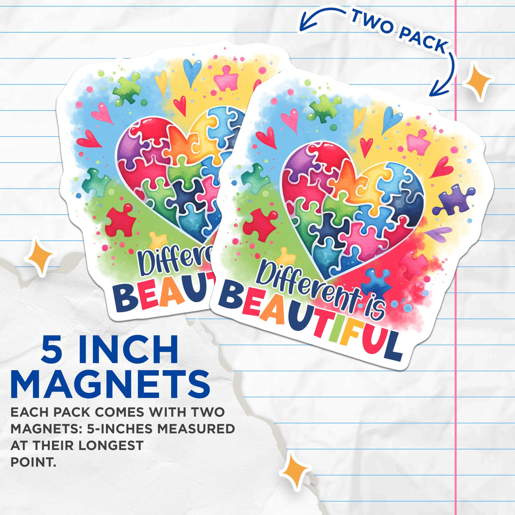 (2 Pack) Different is Beautiful Magnets - Heart Puzzle Magnets - Inspirational Quotes Magnets for Home Decor - 5" On Longest Side - for Cars, Refrigerators, Toolboxes, Lockers - Made in USA BMCS3199