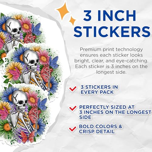 (3 Pack) Skeleton Heart Decals - Floral Decal - Butterfly Decals - 3 Inches On Longest Side - Easy Peel & Apply - Made in USA - 3MCS1835