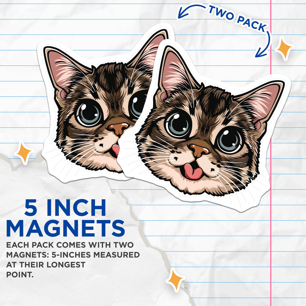 (2 Pack) Cute Cat Magnets - Funny Kitty Face - Cat Lover Decor - Refrigerator Locker Appliance Magnet - 5 Inches On Longest Side - Thick Durable Magnet - Made in USA - MAG36424