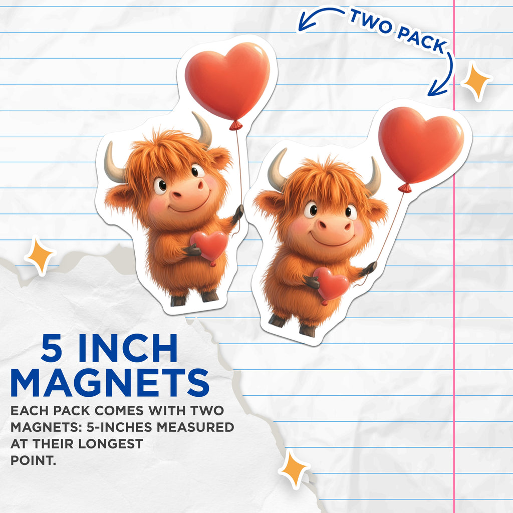(2 Pack) Cute Highland Cow Magnets - Adorable Fluffy Calf Heart Decor - Valentine's Day Sweet Love Accessory - 5 Inches On Longest Side - Thick Durable Magnet - Made in USA - MAG39097