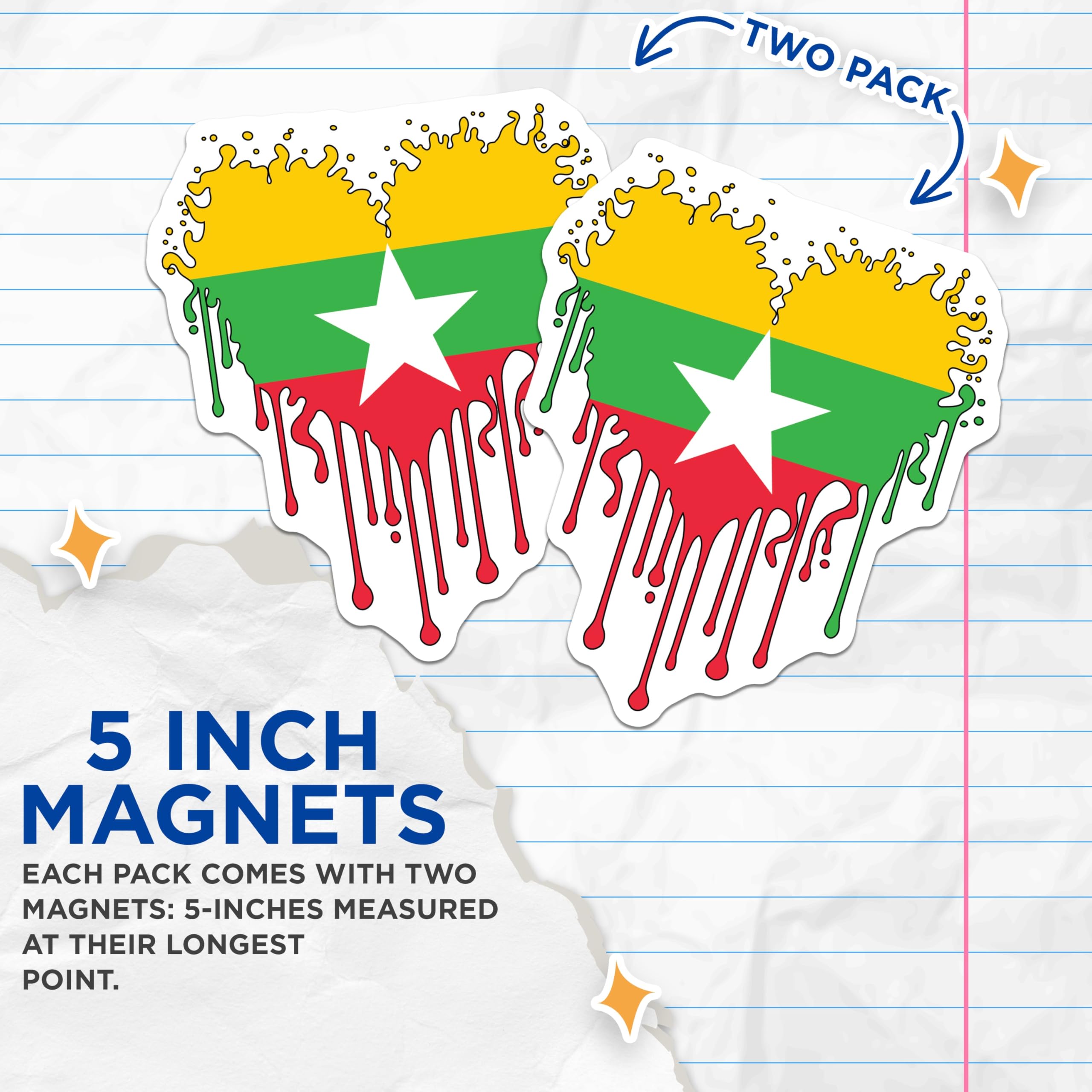 (2 Pack) Myanmar Flag Magnets - Drip Heart Shape - Burmese Pride Souvenir - 5" On Longest Side - Premium Magnet - for Cars, Refrigerators, Toolboxes, Lockers - Made in USA - MAG17671