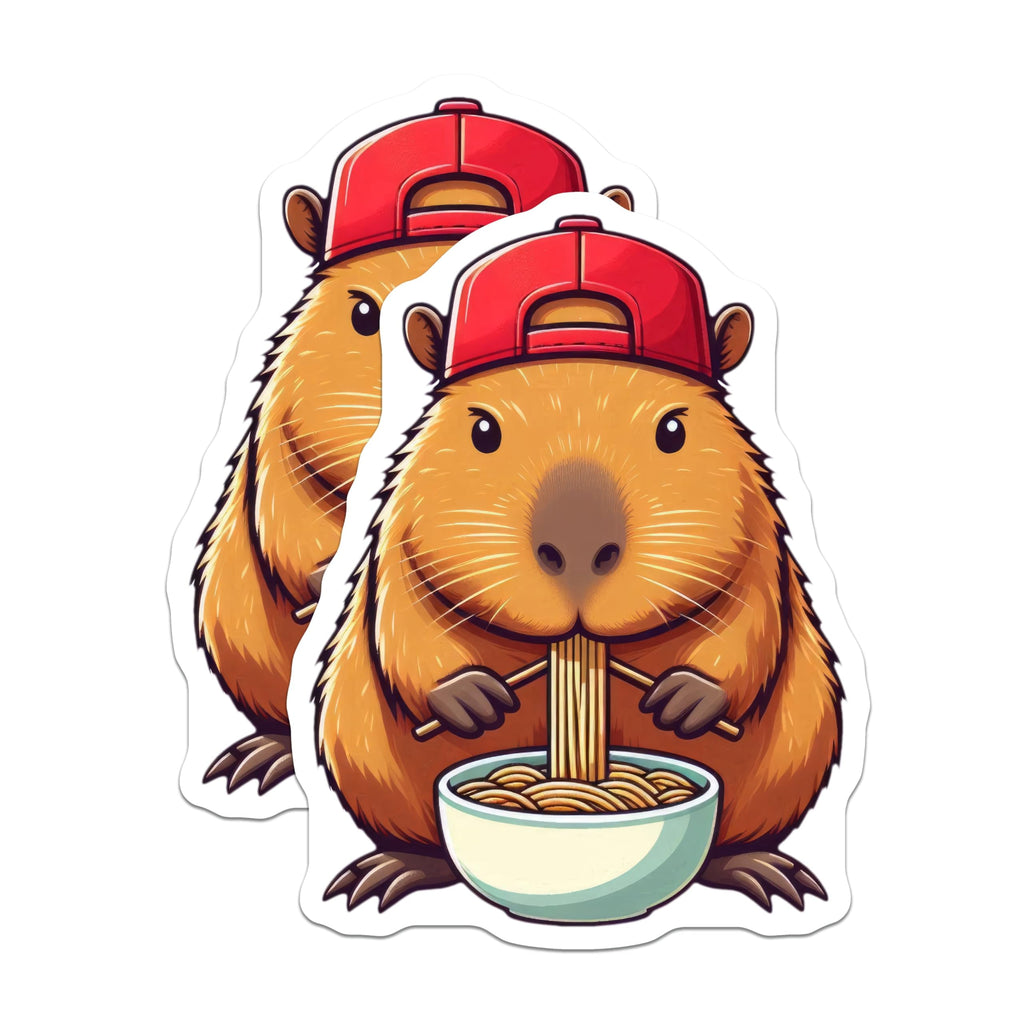 (2 Pack) Cute Capybara Eating Noodles Stickers - Funny Animal Sticker - Adorable Cartoon Capybara - 5" On Longest Side - Sticks to Smooth Flat Surfaces - Made in USA - BMCS9902