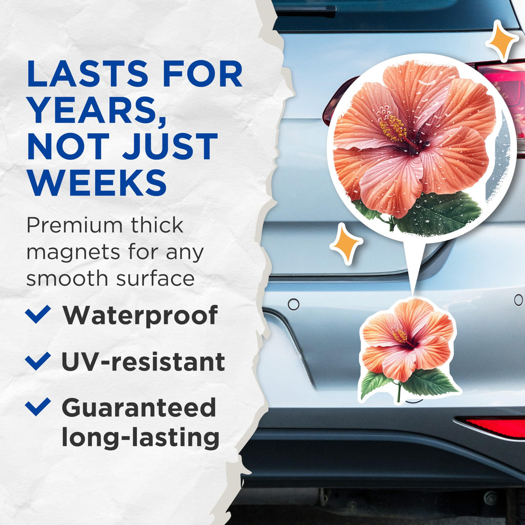 (2 Pack) Vibrant Hibiscus Flower Magnets - Tropical Floral Decor Aesthetic - Summer Kitchen Fridge Magnets - 5 Inches On Longest Side - Thick Durable Magnet - Made in USA - MAG30076