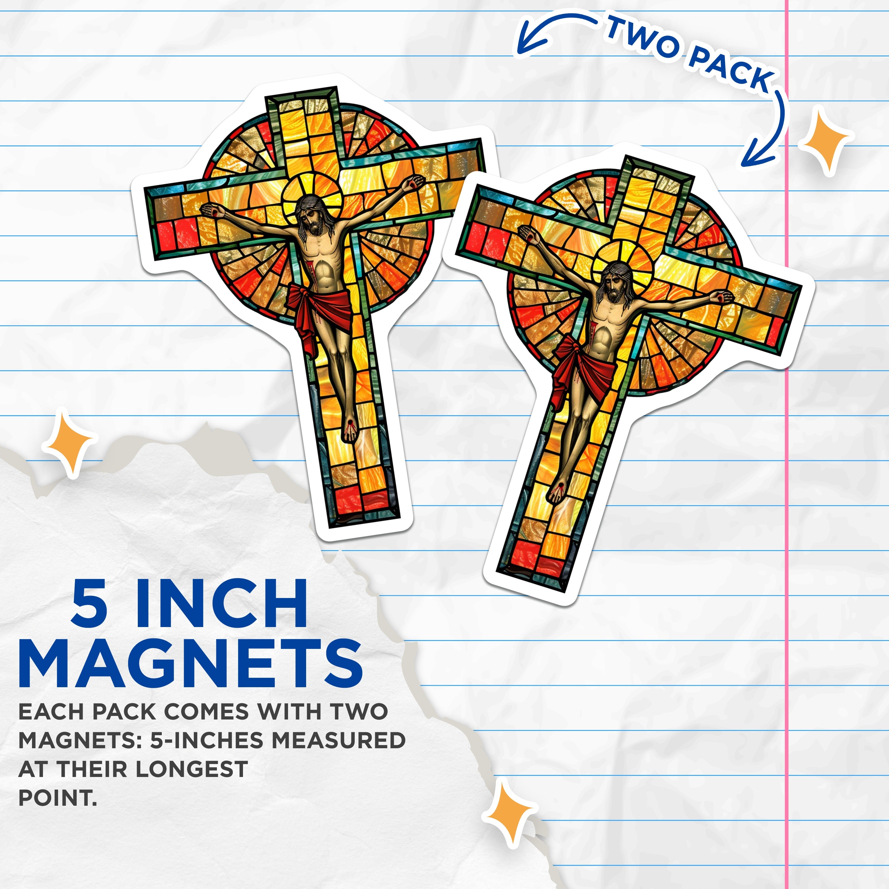 (2 Pack) Stained Glass Jesus Magnets - Christian Crucifixion Decor - Catholic Faith Home Accent - 5 Inches On Longest Side - Thick Durable Magnet - Made in USA - MAG37479